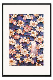 Gerahmter Kunstdruck Weiße Katze und Lotusblumen