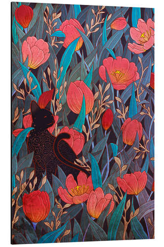 Aluminium print Black Cat and Tulips