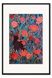 Gerahmter Kunstdruck Schwarze Katze und Tulpen