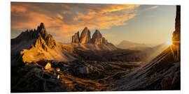 Print på skumplade Tre Cime - Three Peaks of Lavaredo at Sunset