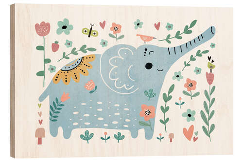 Wood print Scandinavian Floral Happy Elephant