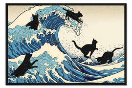 Gerahmter Kunstdruck Katzen auf der Großen Welle