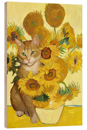 Holzbild Sonnenblumen und Katze Vincent