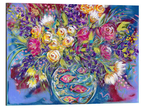 Tableau en aluminium Lush bouquet in a vase with fish