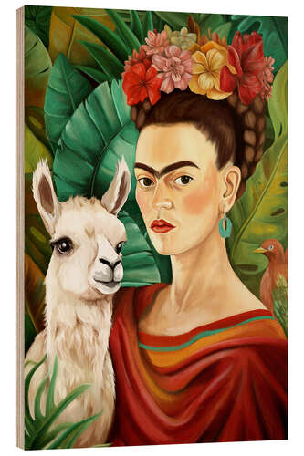 Holzbild Frida Kahlo und Lama