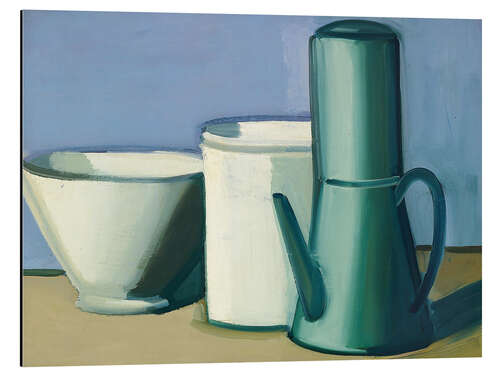 Stampa su alluminio Still Life with a Tall French Coffee Pot, White Can & Bowl