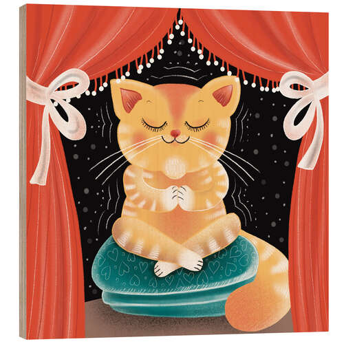 Stampa su legno Meditating Cat on Pillow