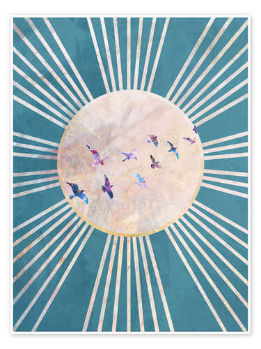 Poster Sun Boho Birds Blue