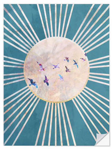 Selvklebende plakat Sun Boho Birds Blue