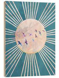 Wood print Sun Boho Birds Blue