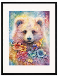 Gerahmter Kunstdruck Baby Bär mit Blumengehänge