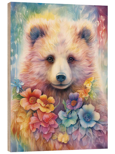 Tableau en bois Baby bear with Floral Pendant