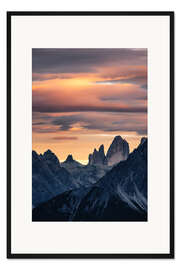 Gerahmter Kunstdruck Drei Zinnen nach Sonnenuntergang
