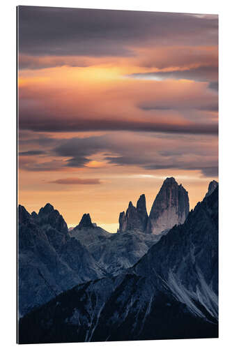 Tableau en plexi-alu Drei Zinnen nach Sonnenuntergang