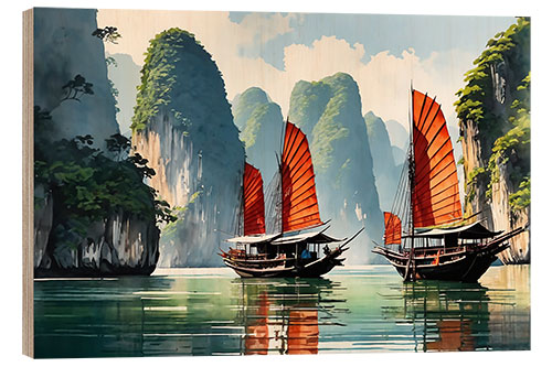 Wood print Sailing in Ha Long Bay