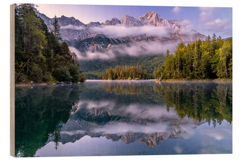 Hout print Eibsee in Autumn and Zugspitze Mount