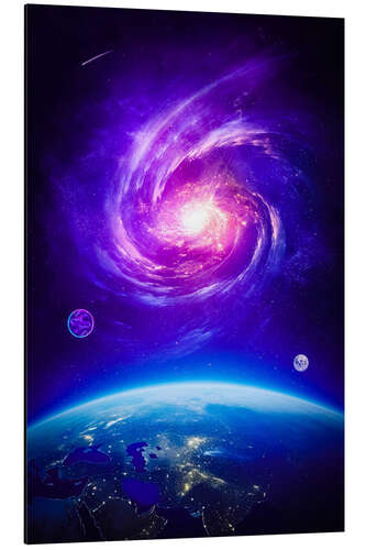 Aluminium print Planet Earth Purple Galaxy with Moon and Comet