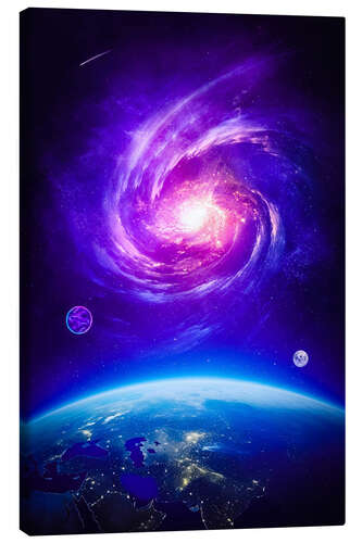 Tableau sur toile Planet Earth Purple Galaxy with Moon and Comet