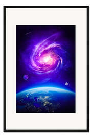 Gerahmter Kunstdruck Planet Erde Lila Galaxie mit Mond und Komet
