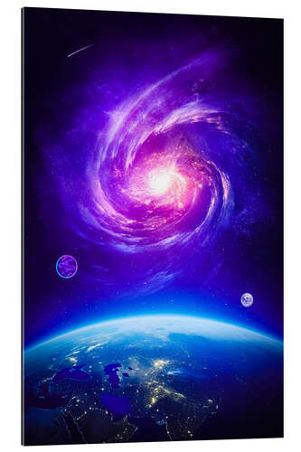 Gallery print Planet Earth Purple Galaxy with Moon and Comet