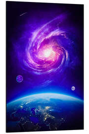 Magnettafel Planet Erde Lila Galaxie mit Mond und Komet