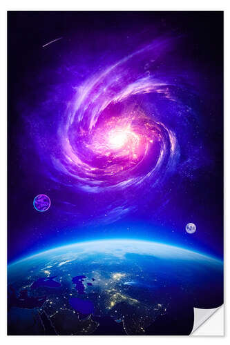 Sticker mural Planet Earth Purple Galaxy with Moon and Comet