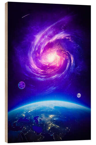 Tableau en bois Planet Earth Purple Galaxy with Moon and Comet