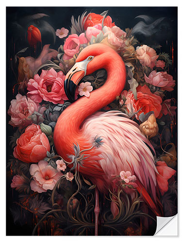 Muursticker Flamingo With Roses