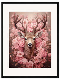 Gerahmter Kunstdruck Hirsch mit Blüten