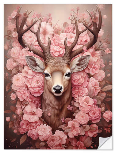 Muursticker Deer Between Flowers