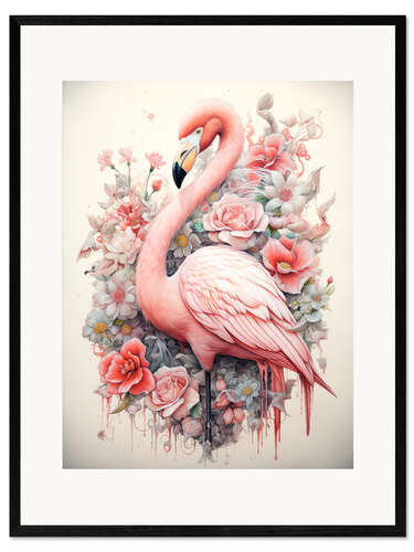 Plakat artystyczny premium w ramie Flamingo in a Flower Bush