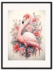 Plakat artystyczny premium w ramie Flamingo in a Flower Bush