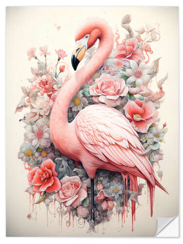 Selvklæbende plakat Flamingo in a Flower Bush