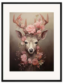 Gerahmter Kunstdruck Hirsch mit Rosenschmuck