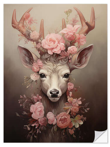 Selvklebende plakat Deer With Rose Decorations