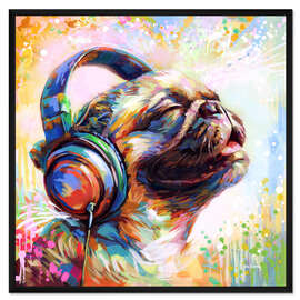 Gerahmter Kunstdruck Glücklicher Mops mit Kopfhörer