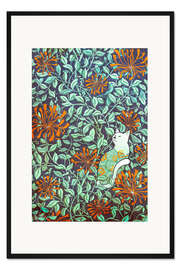 Gerahmter Kunstdruck Katze und Geißblattblüten
