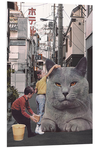 Stampa su PVC Children Washing a Giant Cat in Tokyo