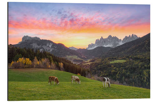 Alumiinitaulu View of the Funes Valley in South Tyrol at sunrise