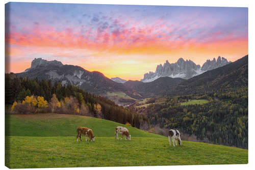 Canvas print View of the Funes Valley in South Tyrol at sunrise