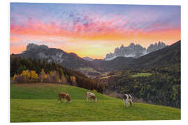 Foam board print View of the Funes Valley in South Tyrol at sunrise