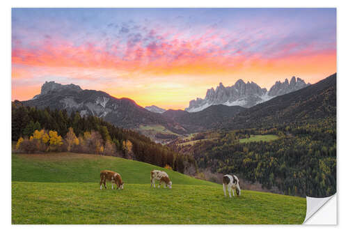 Sticker mural View of the Funes Valley in South Tyrol at sunrise