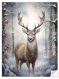 Muursticker Deer in Christmas Forest