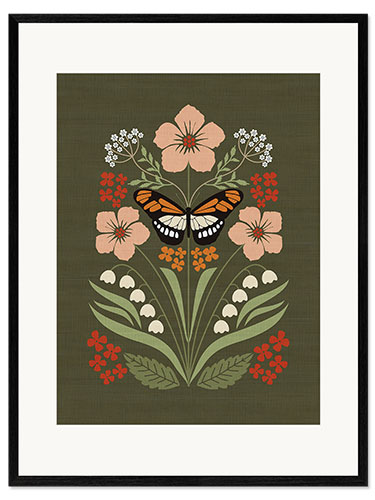 Gerahmter Kunstdruck Florale Komposition mit Schmetterling