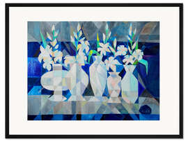 Gerahmter Kunstdruck Blaues Stillleben mit weißen Blumen
