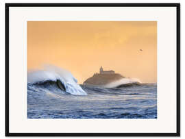 Gerahmter Kunstdruck Wellen und Leuchtturm an der Asturischen Küste, Spanien