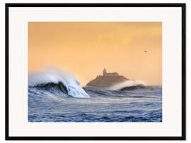 Ingelijste kunstdruk Waves and Lighthouse on the Asturian Coast, Spain