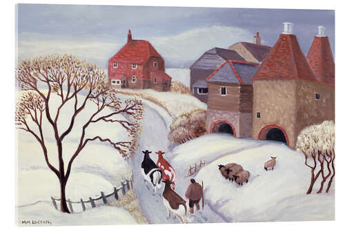 Acrylglasbild Driving Cows Home in the Snow