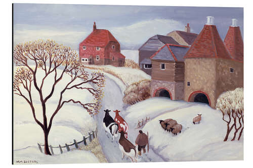 Aluminium print Driving Cows Home in the Snow