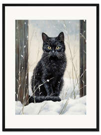 Gerahmter Kunstdruck Schwarze Katze im Schnee